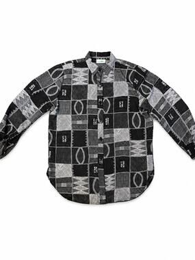Tropics Women’s L Gray Black Geometric Button Front Long Sleeve Blouse Vintage